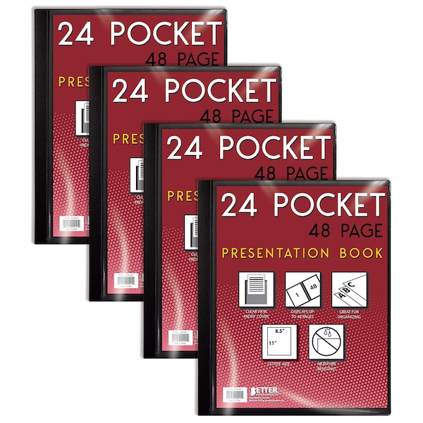 Better Office Products Presentation Book W/Clear Frt Pocket, 24 Pockets, Black, 85in x 11in Clear pkts, Art Portfolio, 4PK 32027 - main